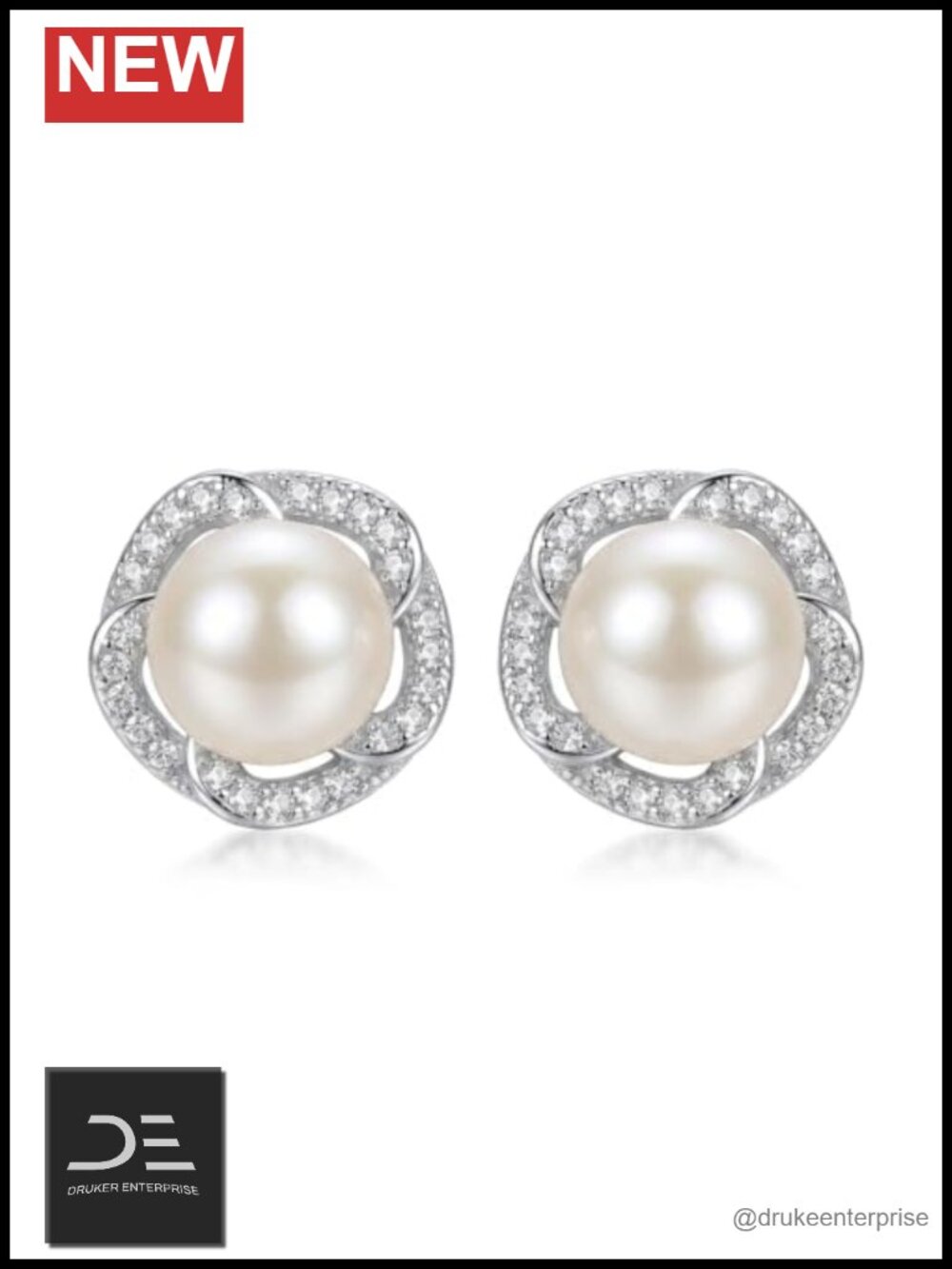 Freshwater Cultured Pearl Stud Earrings 925 Sterling Silver CZ Dainty Flower